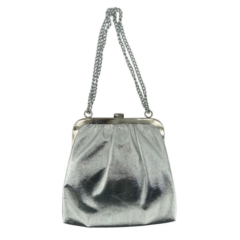 Vintage Metallic Silver Scalloped Frame Evening Bag Chain Shoulder Strap - Picture 10 of 16